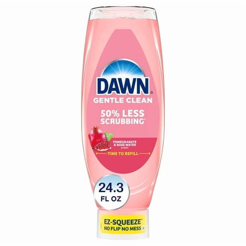 Upside-down Dawn Gentle Clean pink dishwashing bottle labeled pomegranate & rose water scent, EZ-squeeze cap