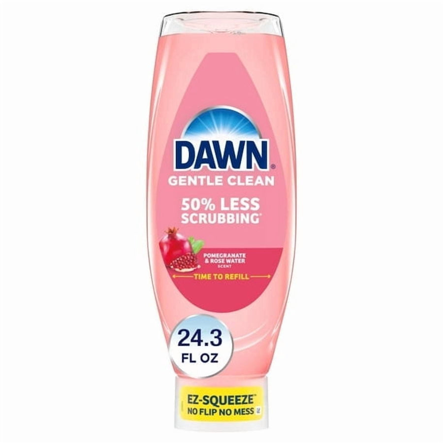 Upside-down Dawn Gentle Clean pink dishwashing bottle labeled pomegranate & rose water scent, EZ-squeeze cap