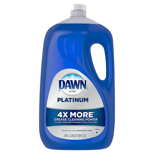 Blue Dawn Platinum jug with handle and flip-top cap, labeled 'PLATINUM' and prominent '4X MORE' cleaning claim on the front.