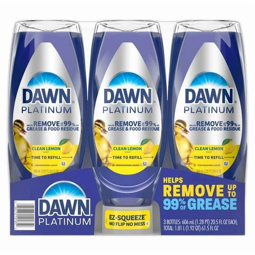 three-pack of dawn platinum clean lemon dishwashing liquid in ez-squeeze bottles, 20.5 fl oz each, in retail wrap