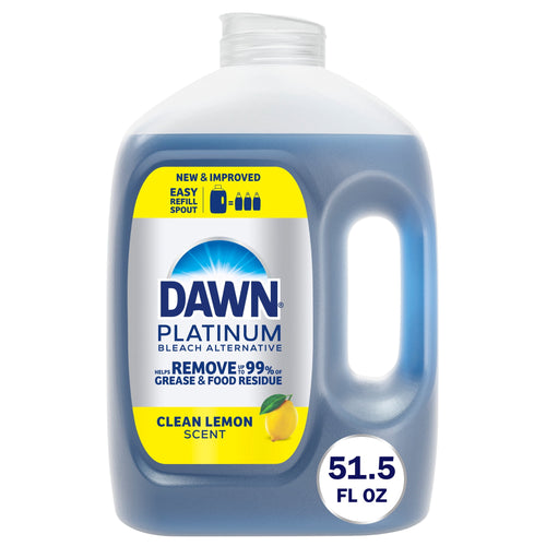 Large Dawn Platinum refill jug with blue liquid, Clean Lemon label and 51.5 fl oz badge