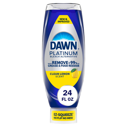 Upright Dawn Platinum squeeze bottle with blue liquid and yellow clean lemon label, EZ-squeeze cap visible