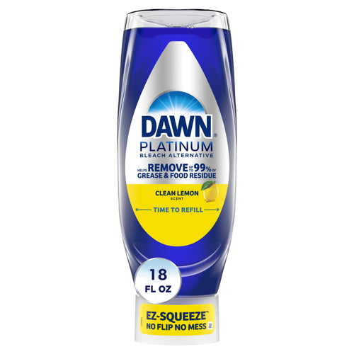 Upside-down Dawn Platinum EZ-Squeeze bottle with Clean Lemon label and 18 fl oz callout on white background