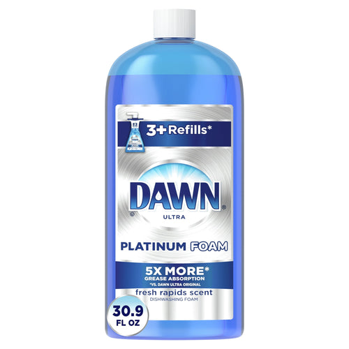 Tall blue Dawn Platinum Foam bottle with label reading Dawn Platinum Foam and 30.9 fl oz badge