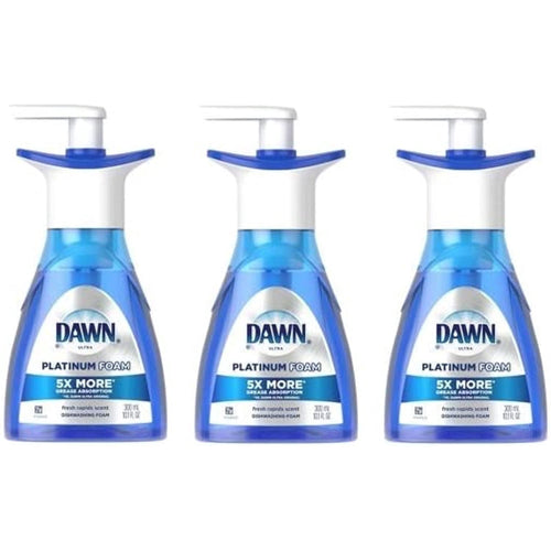 Three blue Dawn Platinum Foam hand dishwashing pump bottles with white pump tops on white