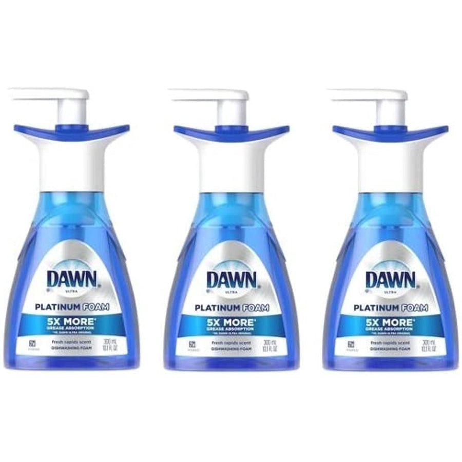 Three blue Dawn Platinum Foam hand dishwashing pump bottles with white pump tops on white