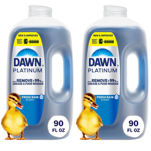 Two translucent blue Dawn Platinum dish soap jugs with Fresh Rain label and duckling graphic, front view