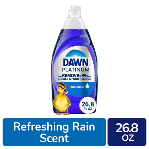 Bottle of Dawn Platinum Fresh Rain dishwashing liquid with duckling and 26.8 fl oz badge