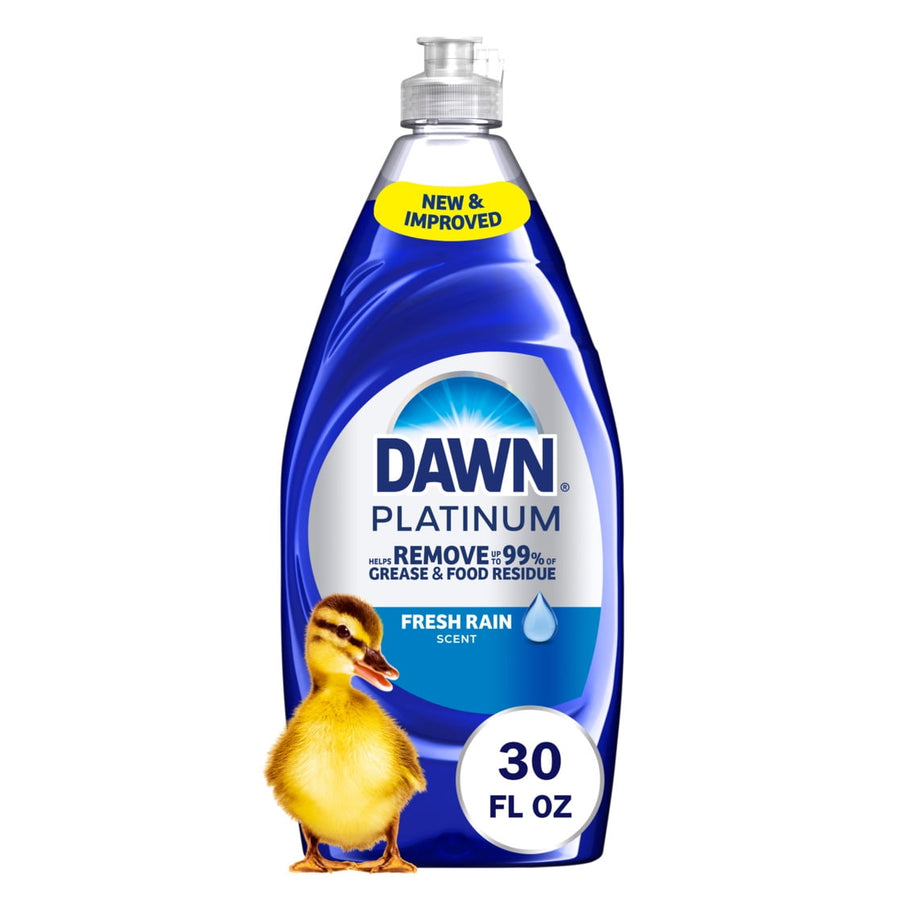 Front-facing Dawn Platinum dish soap bottle in blue with a duckling and 30 fl oz badge