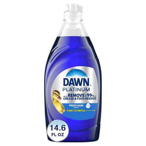 dawn platinum dish soap bottle, fresh rain scent, 14.6 fl oz, blue liquid with white flip-top cap