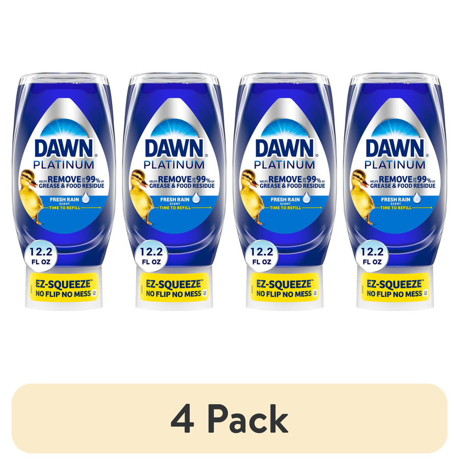 Four upright Dawn Platinum Fresh Rain EZ-Squeeze dish soap bottles shown side-by-side on white background