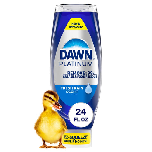 Upside-down Dawn Platinum Fresh Rain dish soap bottle with duckling graphic and 24 fl oz badge on white background