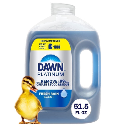 Dawn Platinum Fresh Rain dishwashing liquid refill jug with handle, label and small duckling graphic