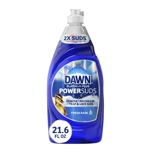 Single upright bottle of Dawn Platinum Plus PowerSuds dish soap in blue with fresh rain label and 21.6 fl oz callout
