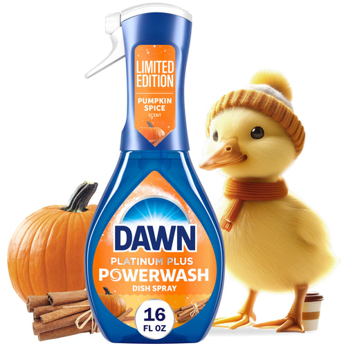 Bottle of Dawn Platinum Plus Powerwash dish spray with pumpkin and cinnamon beside a duckling mascot