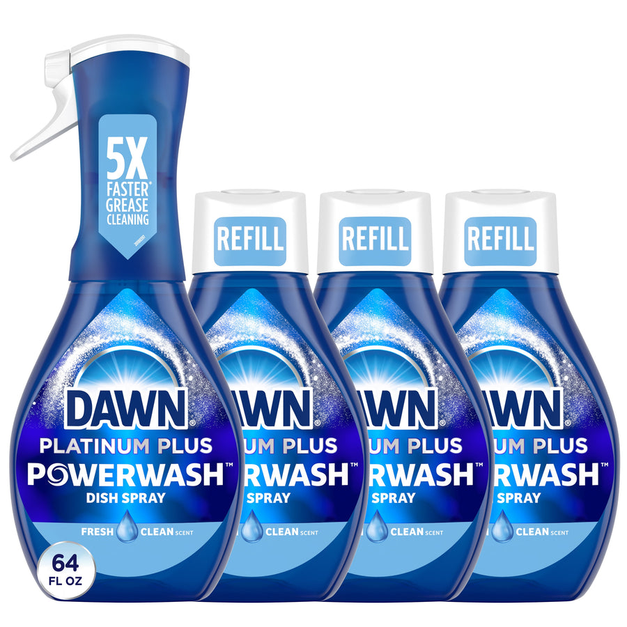 Four Dawn Platinum Plus Powerwash bottles shown front-facing: one sprayer and three refill bottles on white background.