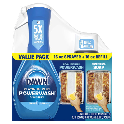 Dawn Platinum Plus Powerwash value pack with 16 oz sprayer and 16 oz refill shown on branded packaging.