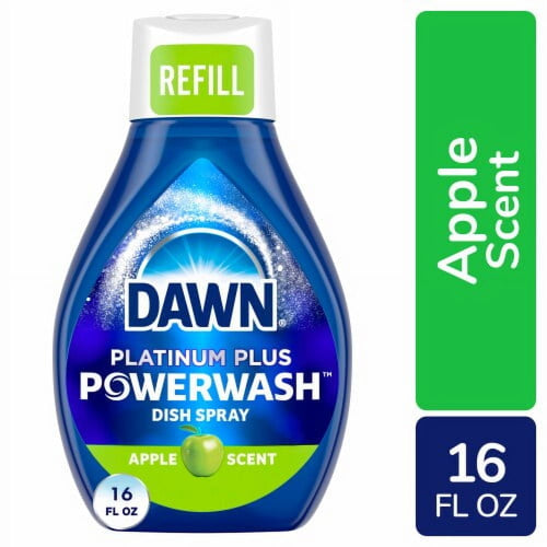 Blue Dawn Platinum Plus Powerwash dish spray refill bottle with apple scent label and 16 fl oz callout