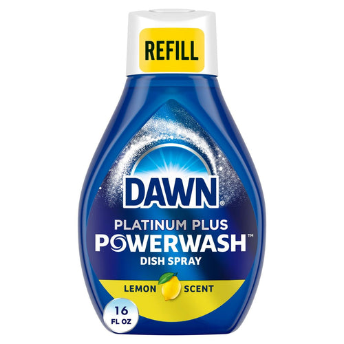 Close-up front photo of a blue Dawn Platinum Plus Powerwash refill bottle labeled lemon scent, 16 fl oz.