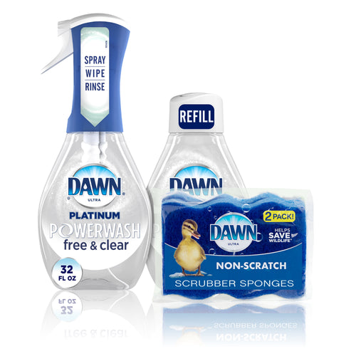 Dawn Platinum Powerwash spray bottle, refill bottle and Dawn non-scratch scrubber sponge pack arranged on white background