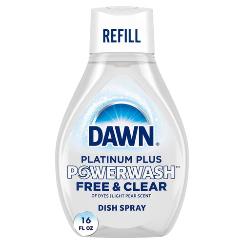Clear Dawn Platinum Plus Powerwash refill bottle labeled Free & Clear dish spray, 16 fl oz