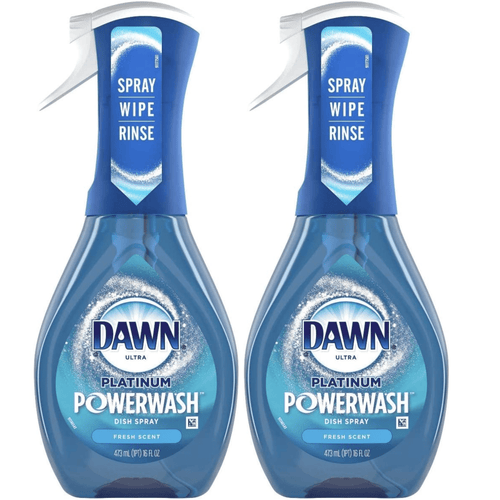 Two Dawn Platinum Powerwash dish spray bottles side-by-side with blue labels on white background.