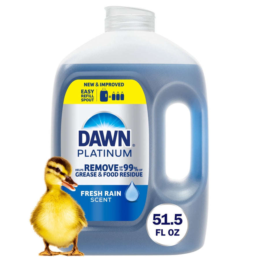 Large Dawn Platinum refill jug with Fresh Rain label, blue liquid and a duckling beside the label
