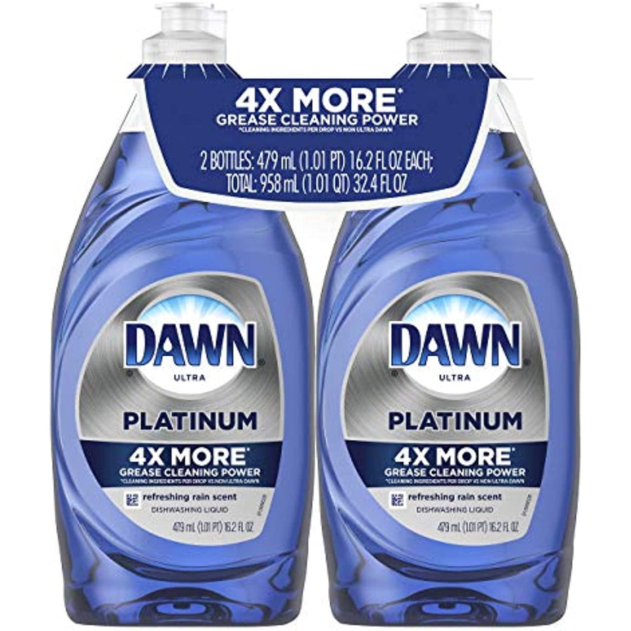 Two blue Dawn Platinum dishwashing liquid bottles with '4X more grease cleaning power' label, Refreshing Rain scent.