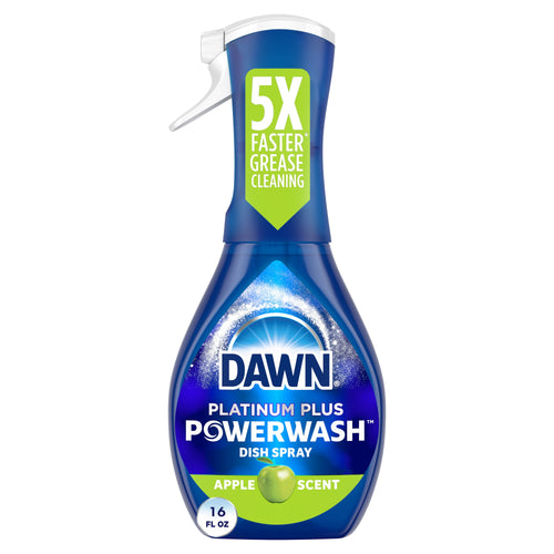 Single Dawn Platinum Plus Powerwash apple-scent dish spray bottle showing label and trigger spray on a white background.