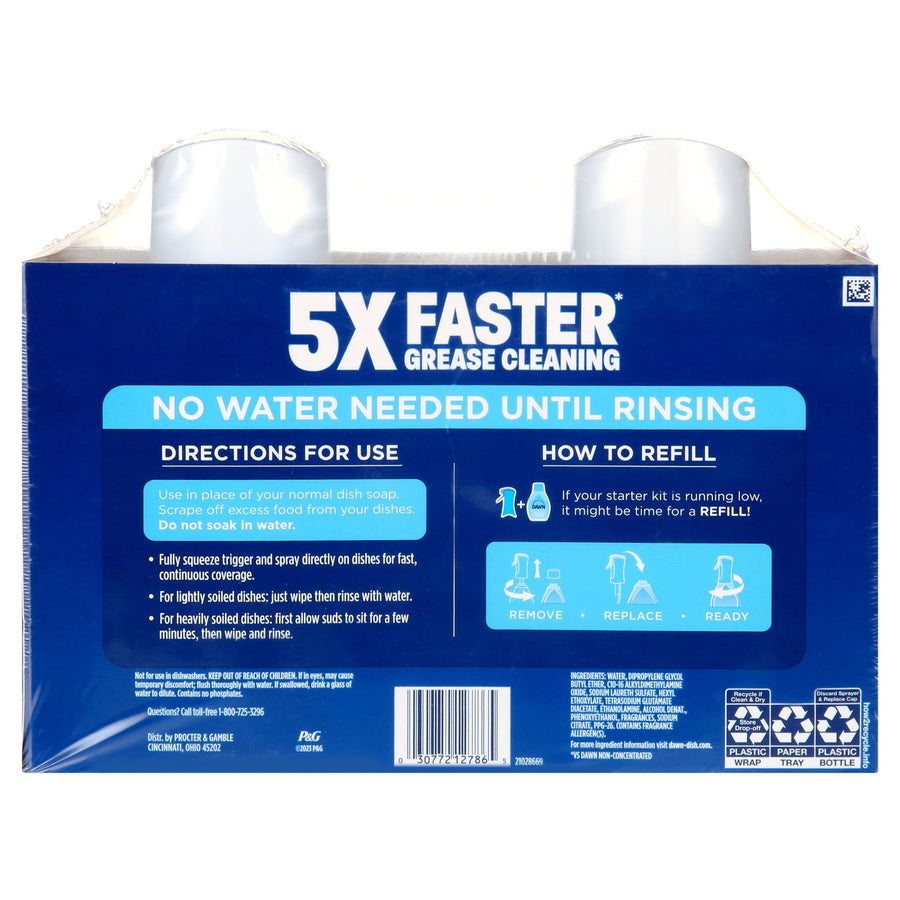 Rear packaging panel with bold “5X FASTER” claim, “No water needed until rinsing” banner, directions for use and refill instructions.