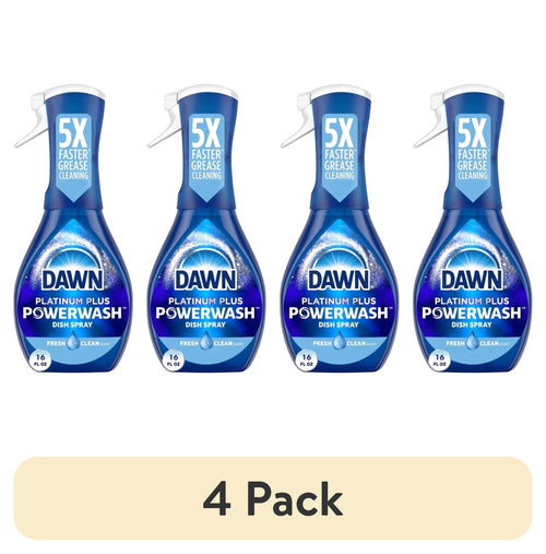 Four blue Dawn Platinum Plus Powerwash dish spray bottles side-by-side on white, label showing Fresh Clean scent