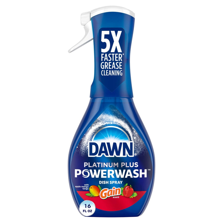 Blue Dawn Platinum Plus Powerwash dish spray bottle with Gain logo and 5X faster grease cleaning claim on label