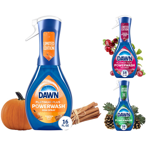 Dawn Platinum Plus Powerwash dish spray bottle in pumpkin spice label with pumpkin and cinnamon props