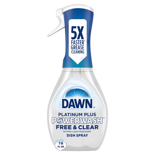 Single Dawn Platinum Plus Powerwash Free & Clear spray bottle with trigger and 5X faster grease claim on label