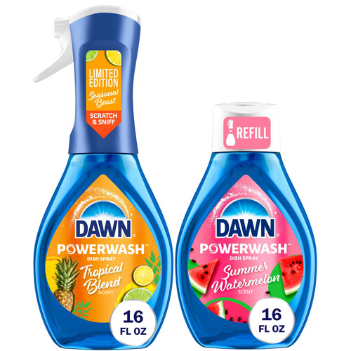 Two Dawn Powerwash dish spray bottles side-by-side: a yellow Tropical Blend bottle and a pink Summer Watermelon refill bottle