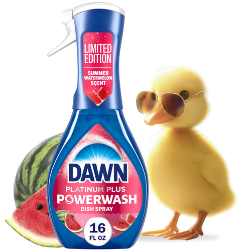 Dawn Platinum Plus Powerwash dish spray bottle labeled summer watermelon scent with a duck and watermelon slice