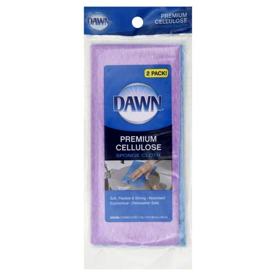 Packaged Dawn premium cellulose sponge cloths in purple and blue visible through retail pouch