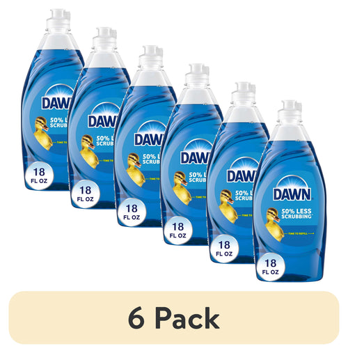 Six blue Dawn dish soap bottles arranged in a row showing label with duckling and 18 fl oz badge