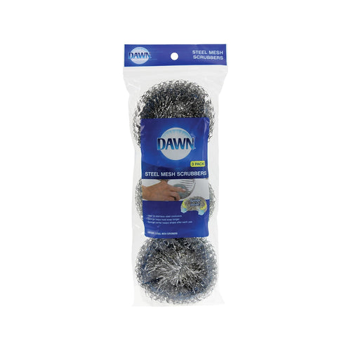 Clear retail bag of three Dawn steel mesh scrubbers with blue Dawn label and product photo