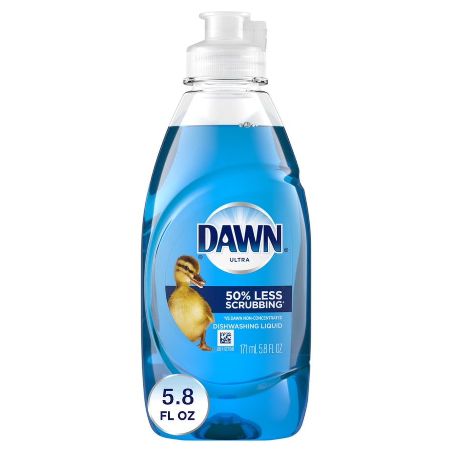 Studio shot of a blue Dawn Ultra dishwashing liquid bottle with duck logo and visible 5.8 fl oz label.