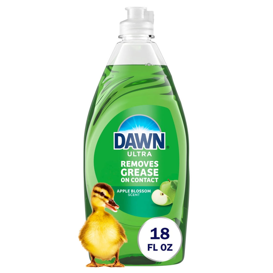 Green Dawn Ultra dish soap bottle labeled 'Removes Grease On Contact' with a duckling and 18 FL OZ badge