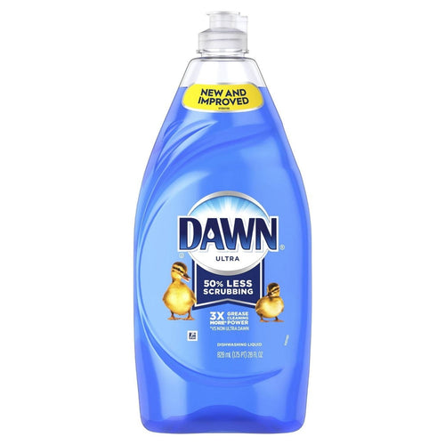 Single tall clear bottle of blue Dawn Ultra dishwashing liquid with label and duckling on a white background.