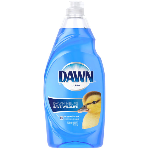 Front-facing blue Dawn Ultra dish soap bottle with duck image and label