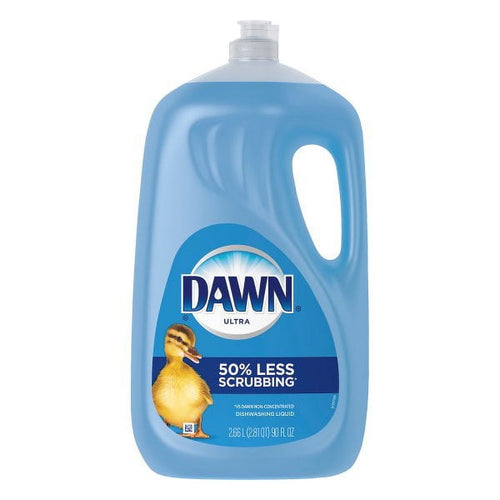 Front view of a blue Dawn Ultra dishwashing liquid bottle with duckling graphic and brand logo