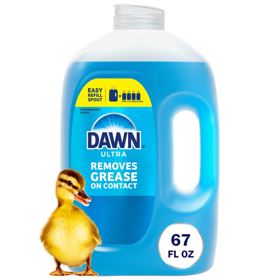 Blue Dawn Ultra refill jug with label 'Removes Grease on Contact' and a duckling on white background