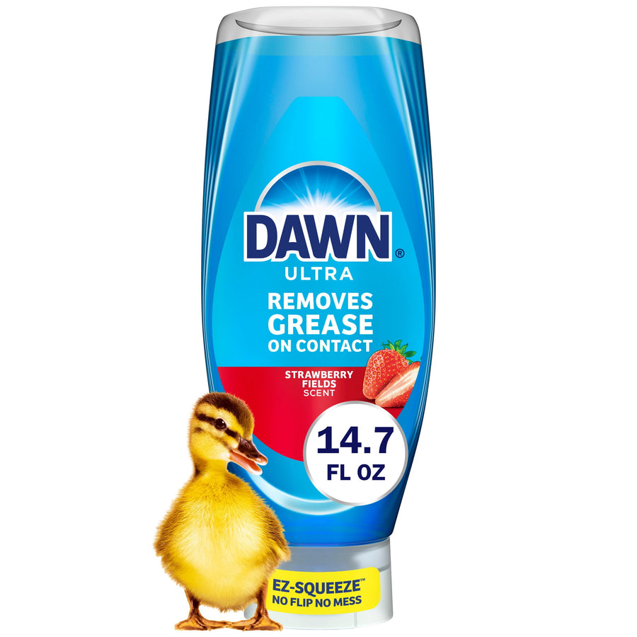 Upside-down blue Dawn Ultra EZ-squeeze bottle with strawberry imagery, 14.7 fl oz badge and a duckling at the base