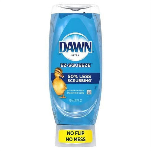 Upside-down blue Dawn Ultra EZ-Squeeze dish soap bottle labeled “50% less scrubbing” with duck logo.