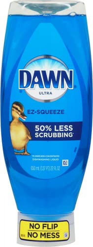 Upside-down blue Dawn Ultra EZ‑Squeeze bottle with duck logo and 'No Flip No Mess' cap visible