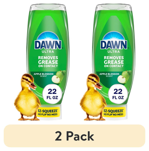 Two upside-down green Dawn Ultra bottles with a duckling at their bases and 22 fl oz callouts, labeled apple blossom scent.