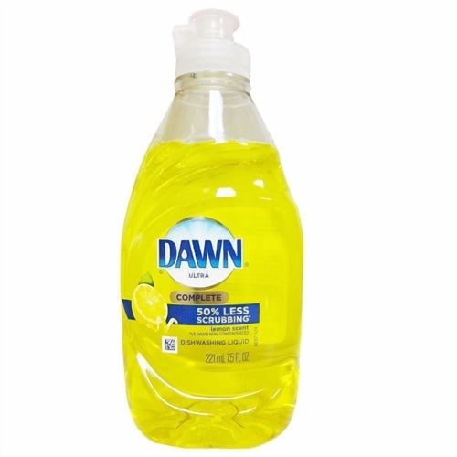 Front view of a clear plastic bottle of Dawn Ultra lemon-scent dishwashing liquid with yellow liquid and label.